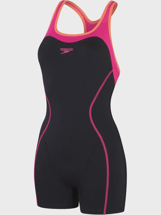 Speedo Womens Panel Legsuit - Black/Pink/Orange