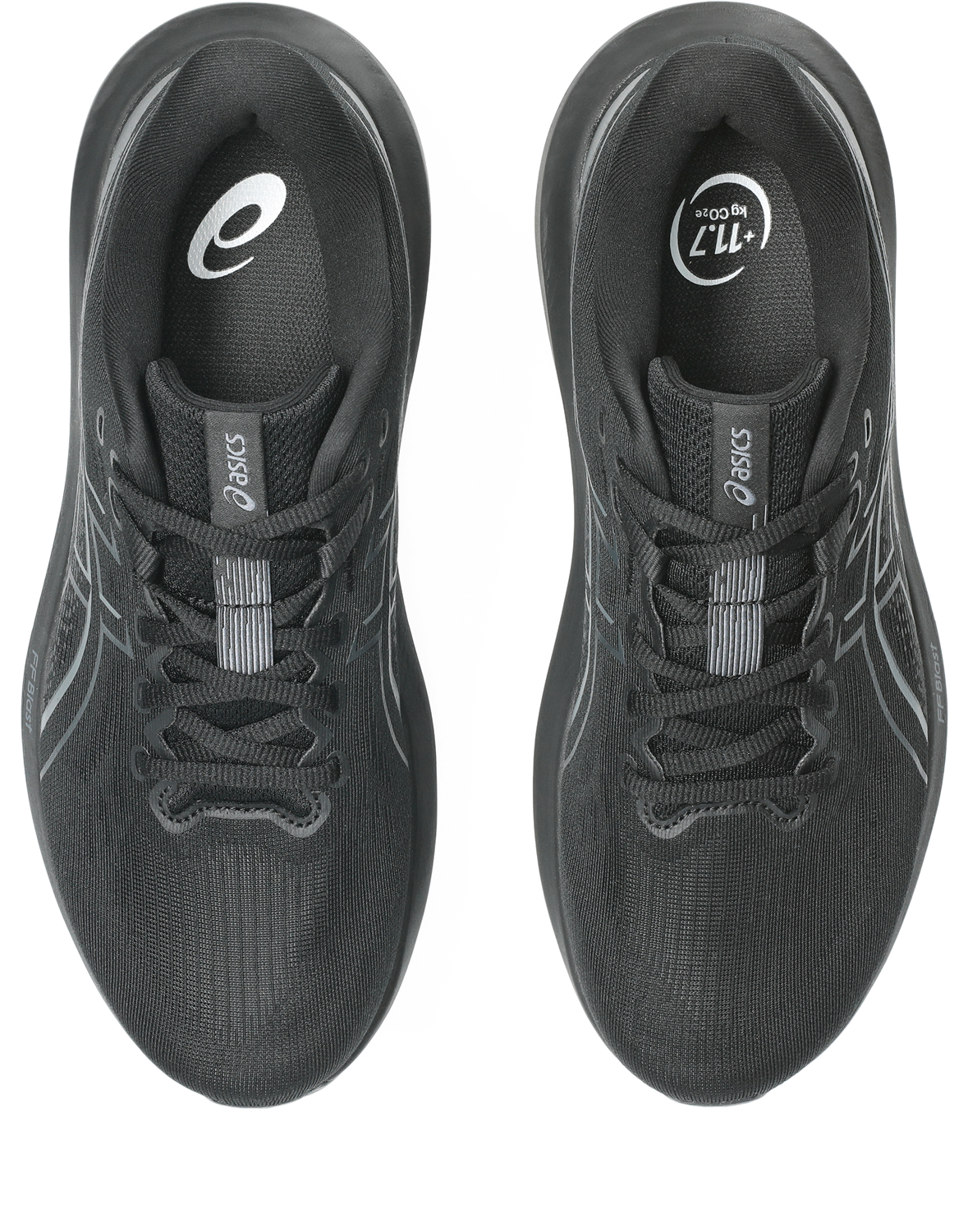 A pair of ASICS running shoes shown from a top-down view, in dark gray and black with subtle gray reflective accents.