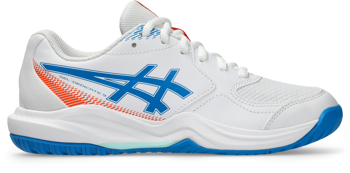 A white athletic shoe with a blue and orange ASICS logo, featuring a white mesh upper, white laces, and a blue outsole.