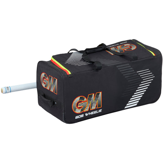 Gunn & Moore Rival 606 Wheelie Cricket Bag in black with red logo and bat in side sleeve.
