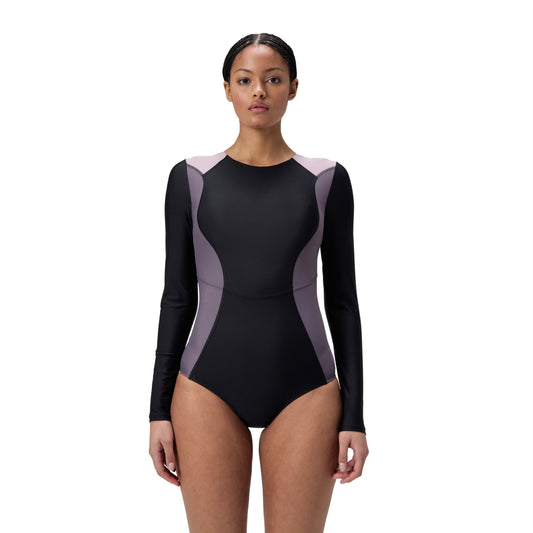 Speedo Womens Colourblock Long Sleeve Zip Back One Piece - Black