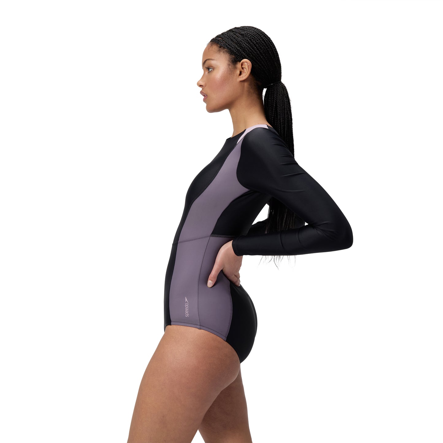 Speedo Womens Colourblock Long Sleeve Zip Back One Piece - Black