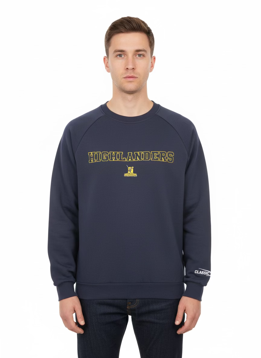 Man wearing a navy blue sweatshirt with 'Highlanders' text on a white background