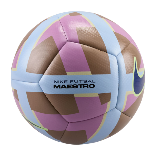 Nike Futsal Maestro indoor soccer ball featuring a geometric pattern of light blue, lavender pink, and brown panels with a navy blue Nike Swoosh on the side.
