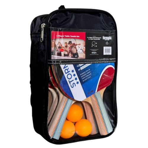 A black zippered carrying case containing a 6-player table tennis set, including orange balls, wooden paddles, and a package insert, shown against a plain white background.