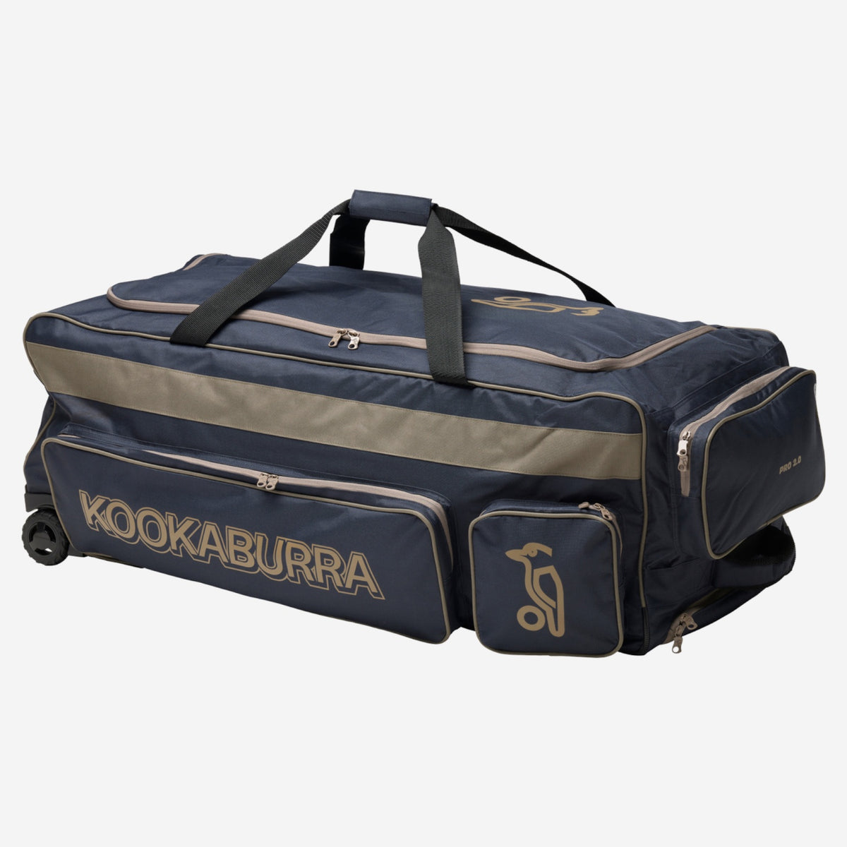 Kookaburra Pro 2.0 Cricket Wheelie Bag Navy/Taupe - Side view showing two-bat tunnel, external pockets, and heavy duty wheels