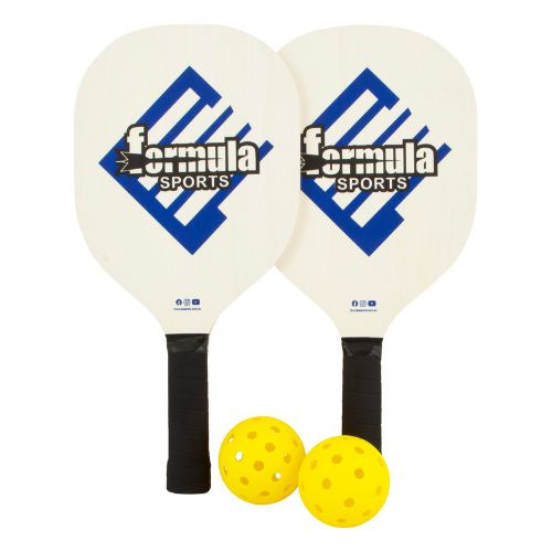 Two pickleball paddles with 'Formula Sports' branding and two yellow pickleballs on a white background.
