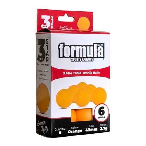 A retail package of 6 orange Formula 3 Star table tennis balls by Formula Sports & Games, shown on a plain white background.