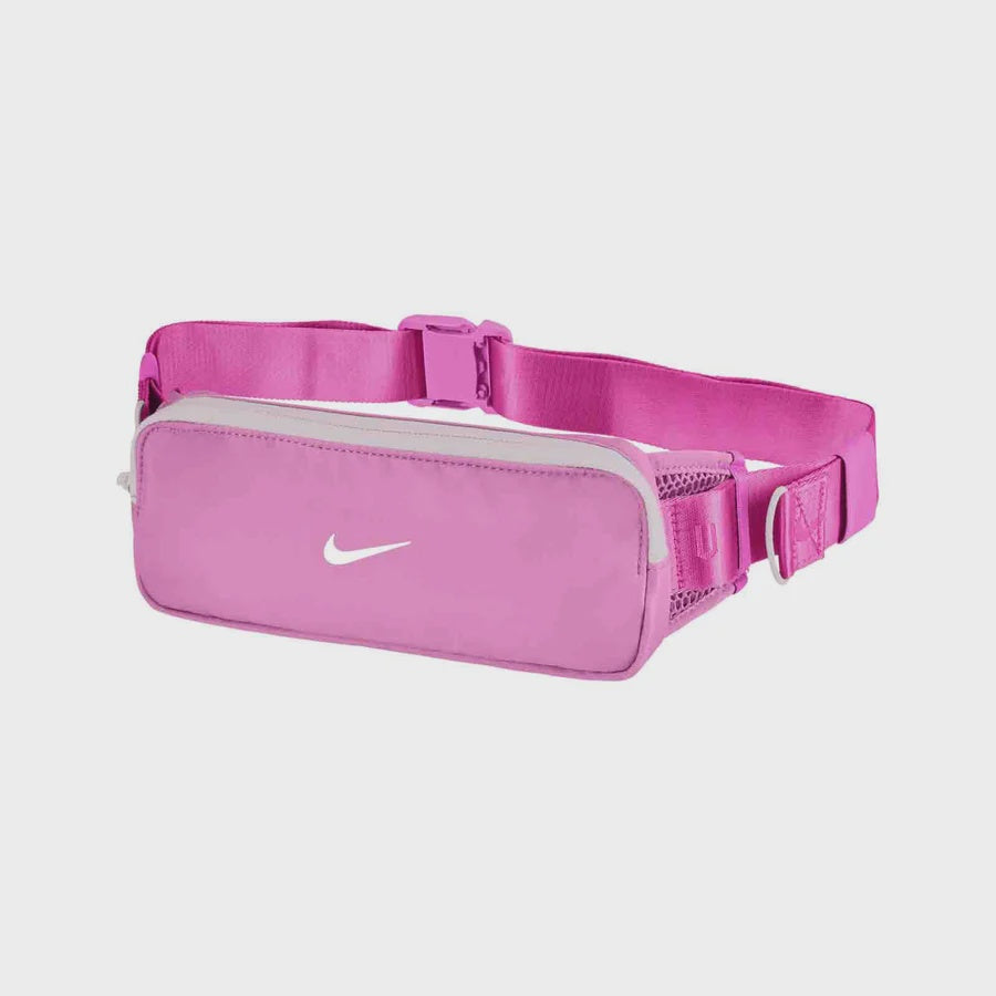 A pink Nike running belt with a front zippered pouch and a white swoosh logo, shown on a light gray background.