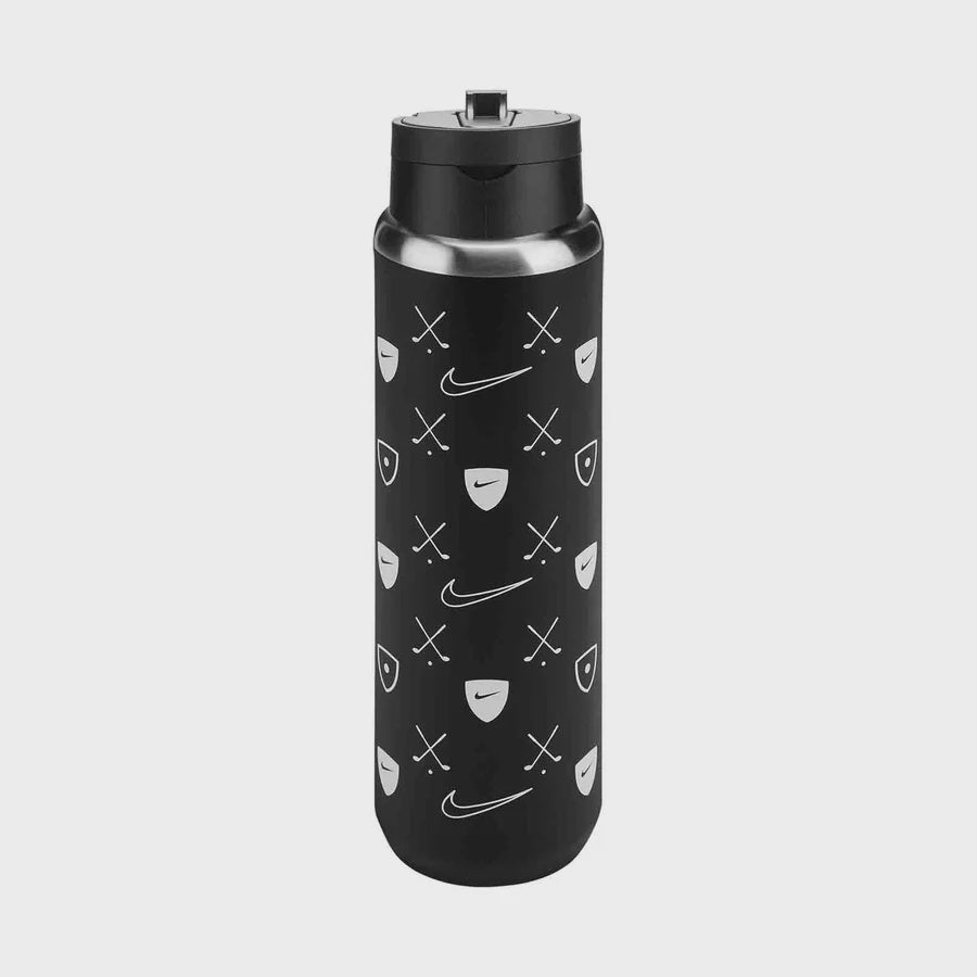 Black and White Nike Recharge 24oz stainless steel water bottle with straw lid and golf clubs and Nike Swoosh on the bottle.