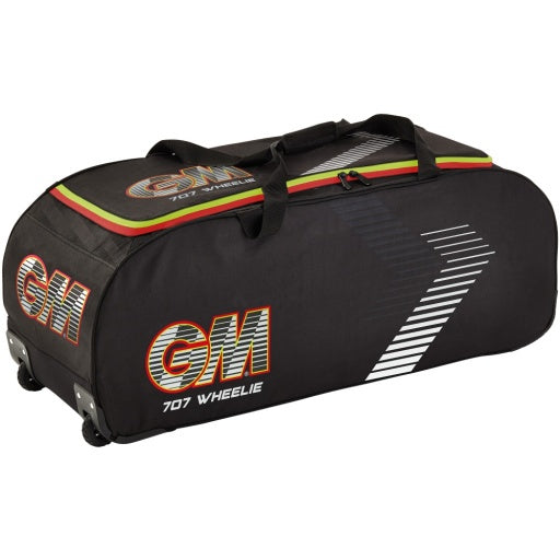 Gunn & Moore Rival 707 Wheelie Cricket Bag in black with red GM logos and yellow trim.