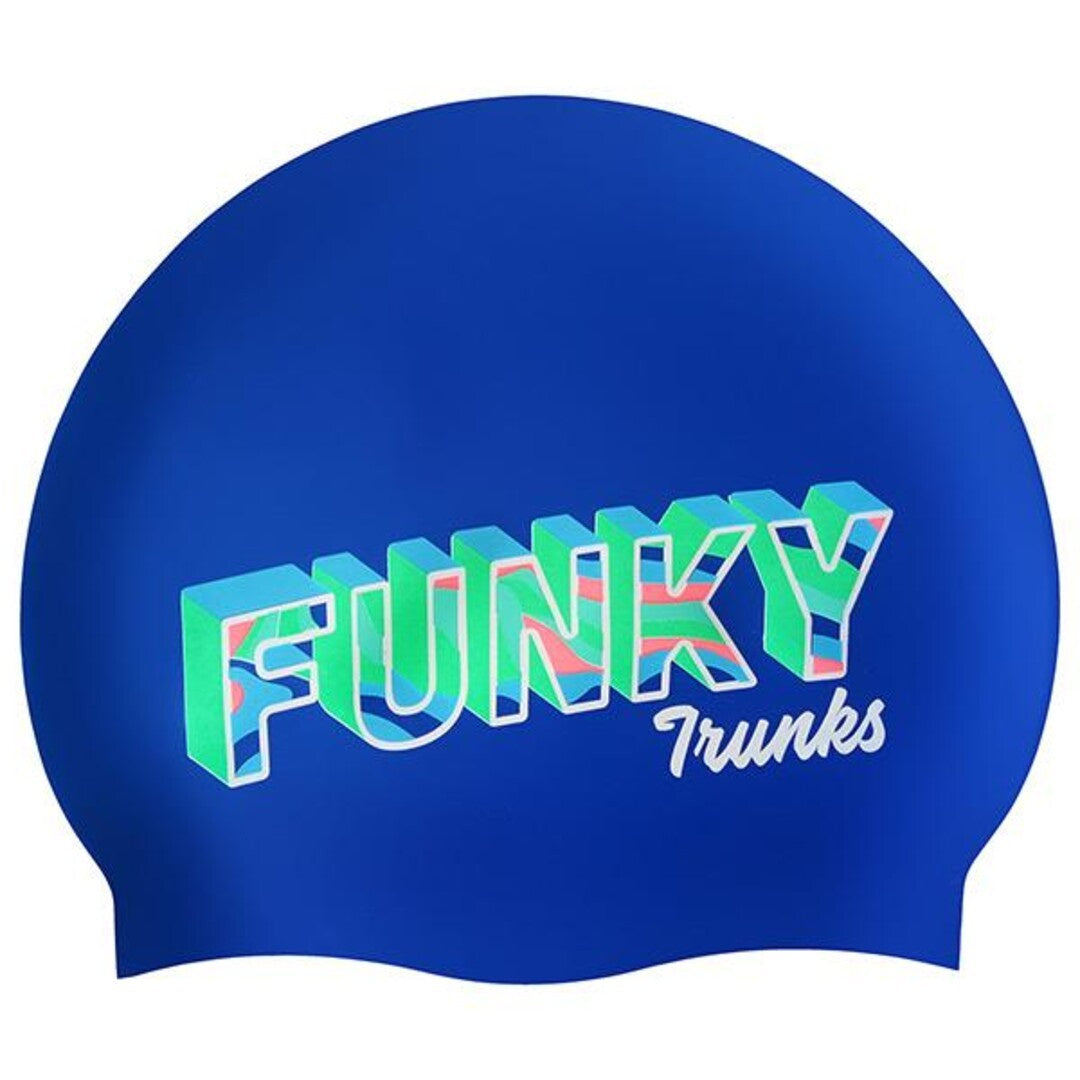 Funky Trunks Beach Bum Silicone Swim Cap – royal blue cap with bold 3D multicolour Funky Trunks logo graphic, one size fits all, latex free