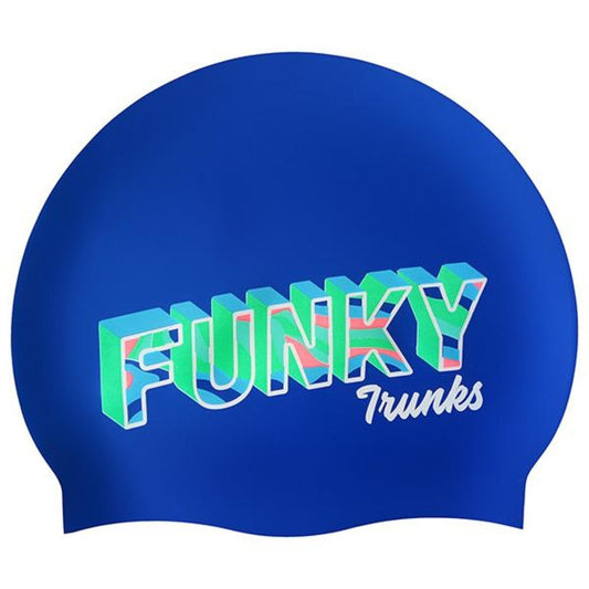 Funky Trunks Beach Bum Silicone Swim Cap – royal blue cap with bold 3D multicolour Funky Trunks logo graphic, one size fits all, latex free