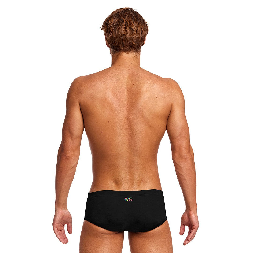 Rear view showing Funky Trunks logo on waistband, ECO C-Infinity fabric
