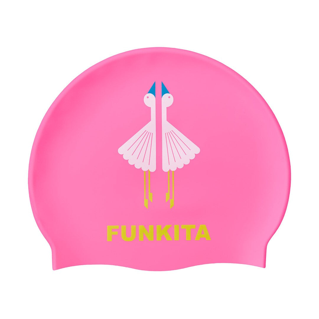 Funkita Duck Duck Goose Silicone Swim Cap – pink cap with two white birds graphic and yellow Funkita logo, one size fits all, latex free