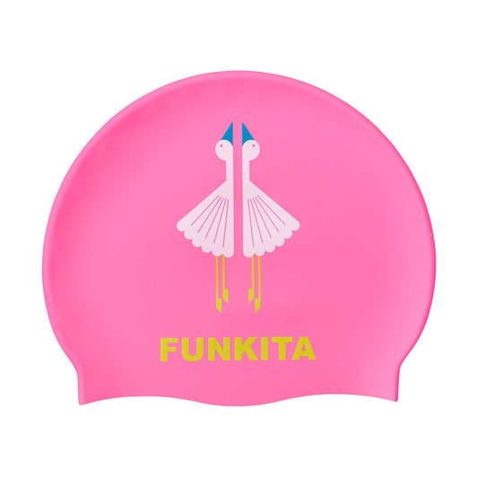 Funkita Duck Duck Goose Silicone Swim Cap – pink cap with two white birds graphic and yellow Funkita logo, one size fits all, latex free