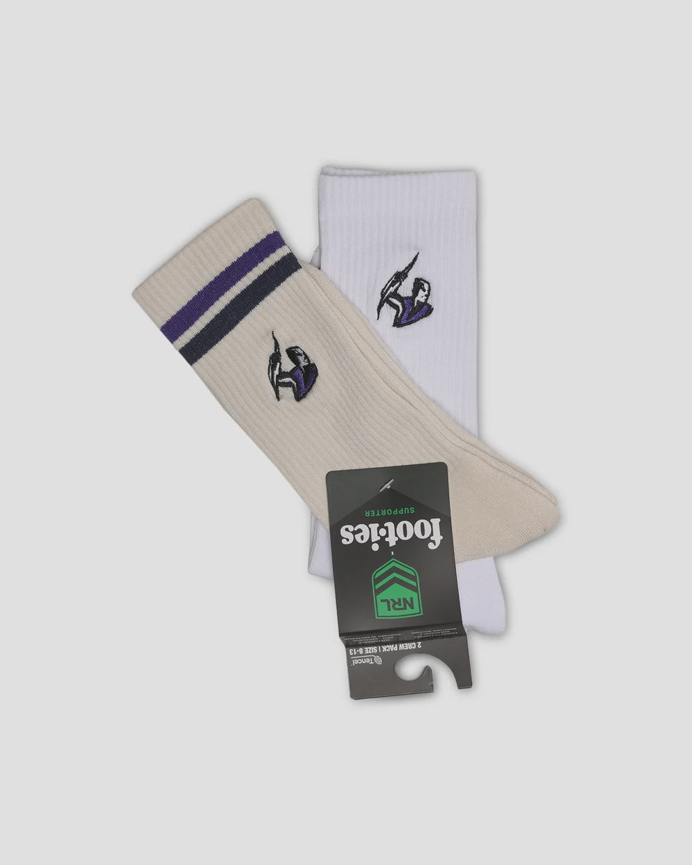 A pair of crew socks, one cream and one white, featuring a purple and black logo of the Melbourne Storm NRL Team. The cream sock has a purple and black stripe near the cuff.