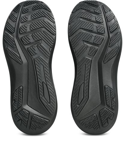 A pair of black athletic shoe soles shown from the bottom, featuring deep tread patterns and textured rubber grooves, isolated on a white background.