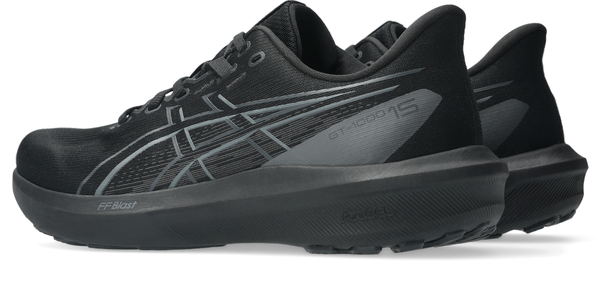 Black ASICS G-1000v5 running shoes with gray and white logo accents, shown from a side profile view on a white background.