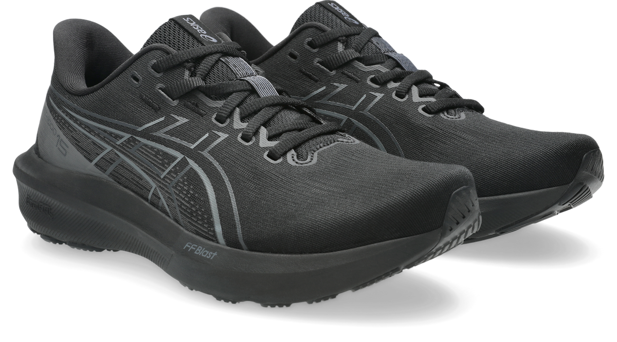 A pair of ASICS running shoes in black and dark gray, shown from a three-quarters angle against a clean white background.