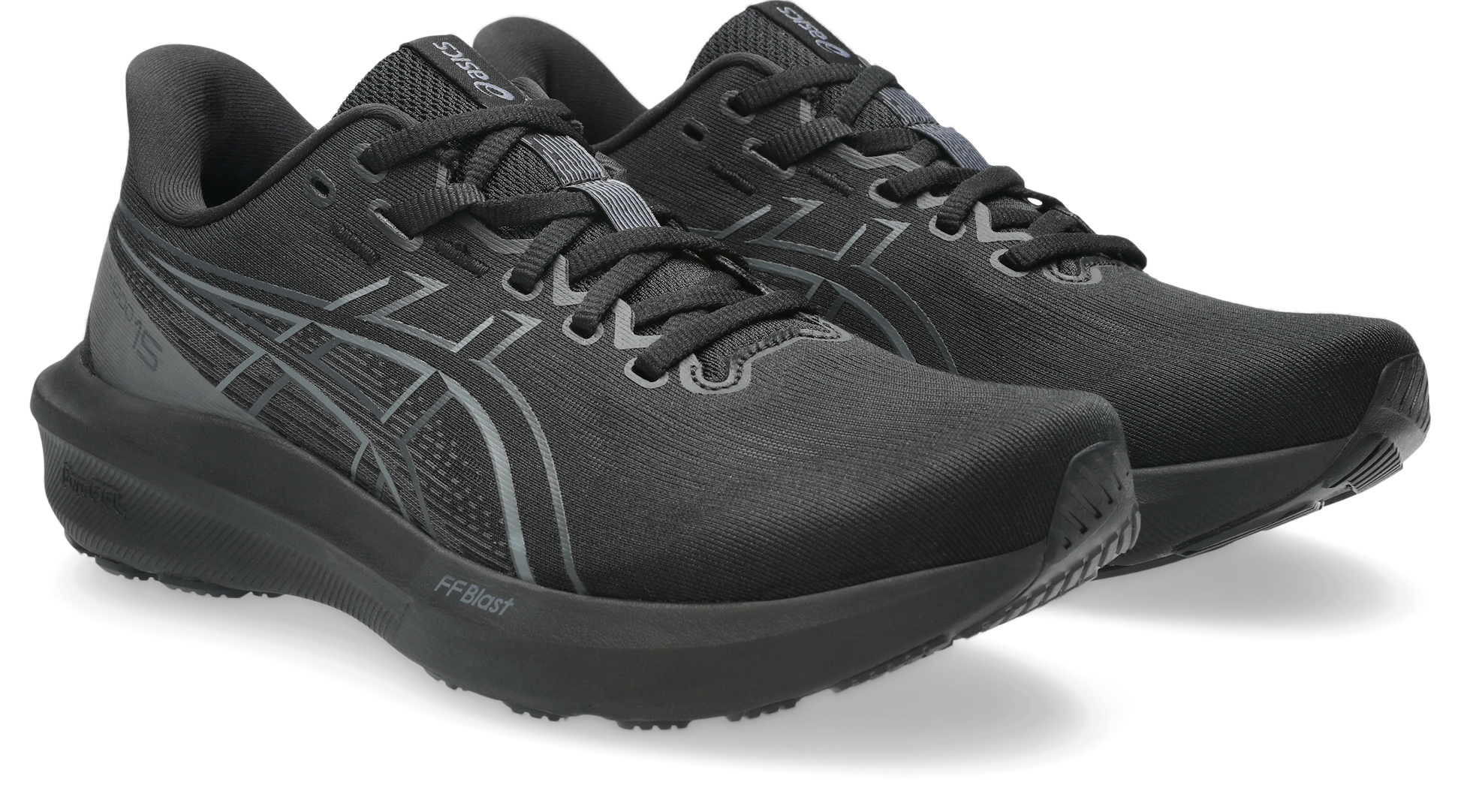 A pair of ASICS running shoes in black and dark gray, shown from a three-quarters angle against a clean white background.