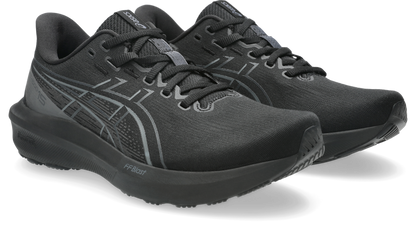 A pair of ASICS running shoes in black and dark gray, shown from a three-quarters angle against a clean white background.