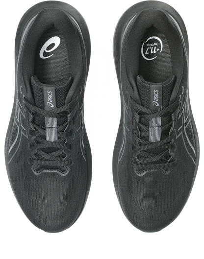 A pair of ASICS running shoes shown from a top-down view, in dark gray and black with subtle gray reflective accents.