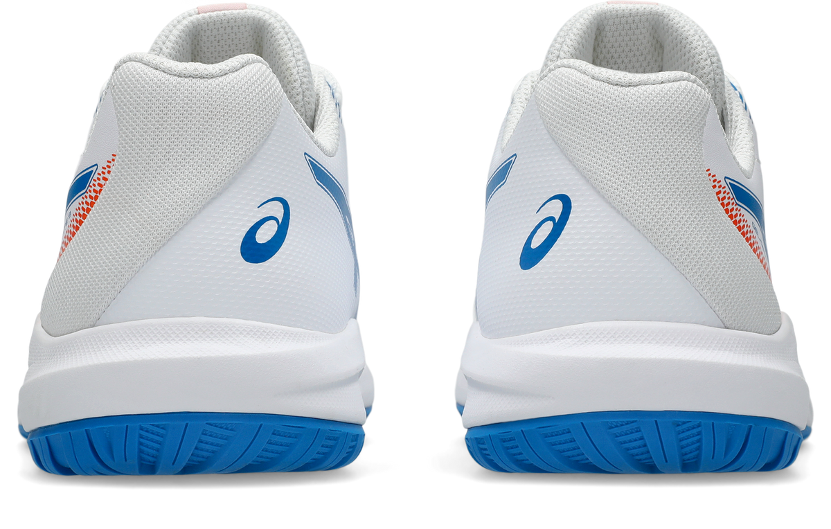 A pair of white Asics athletic shoes shown from the rear, featuring blue logos and outsoles with a small orange accent on the heel.