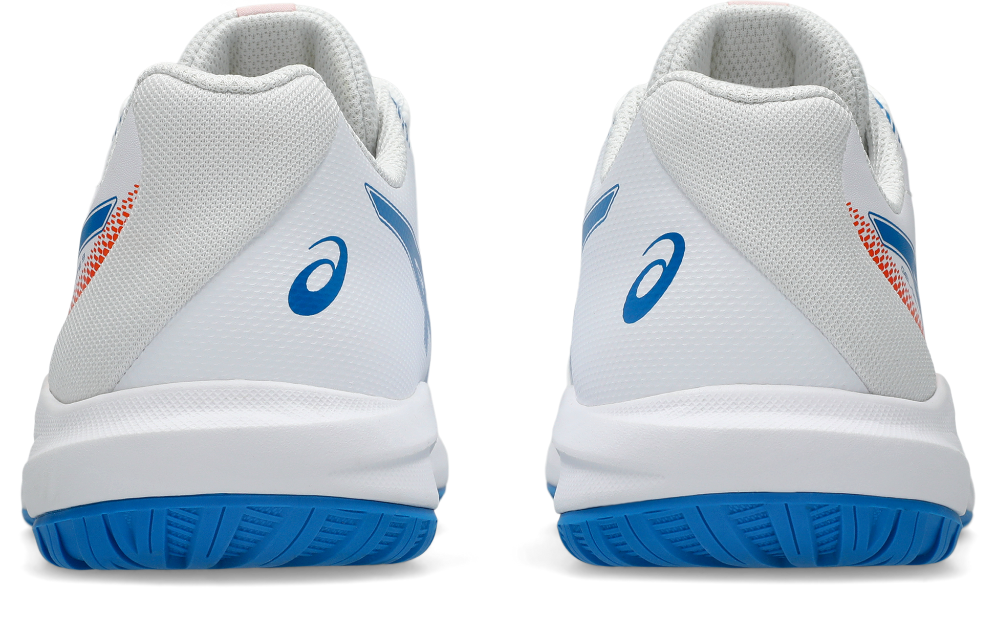 A pair of white Asics athletic shoes shown from the rear, featuring blue logos and outsoles with a small orange accent on the heel.