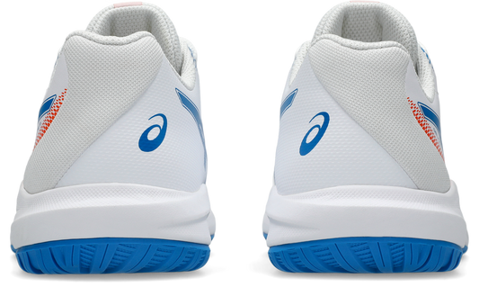 A pair of white Asics athletic shoes shown from the rear, featuring blue logos and outsoles with a small orange accent on the heel.