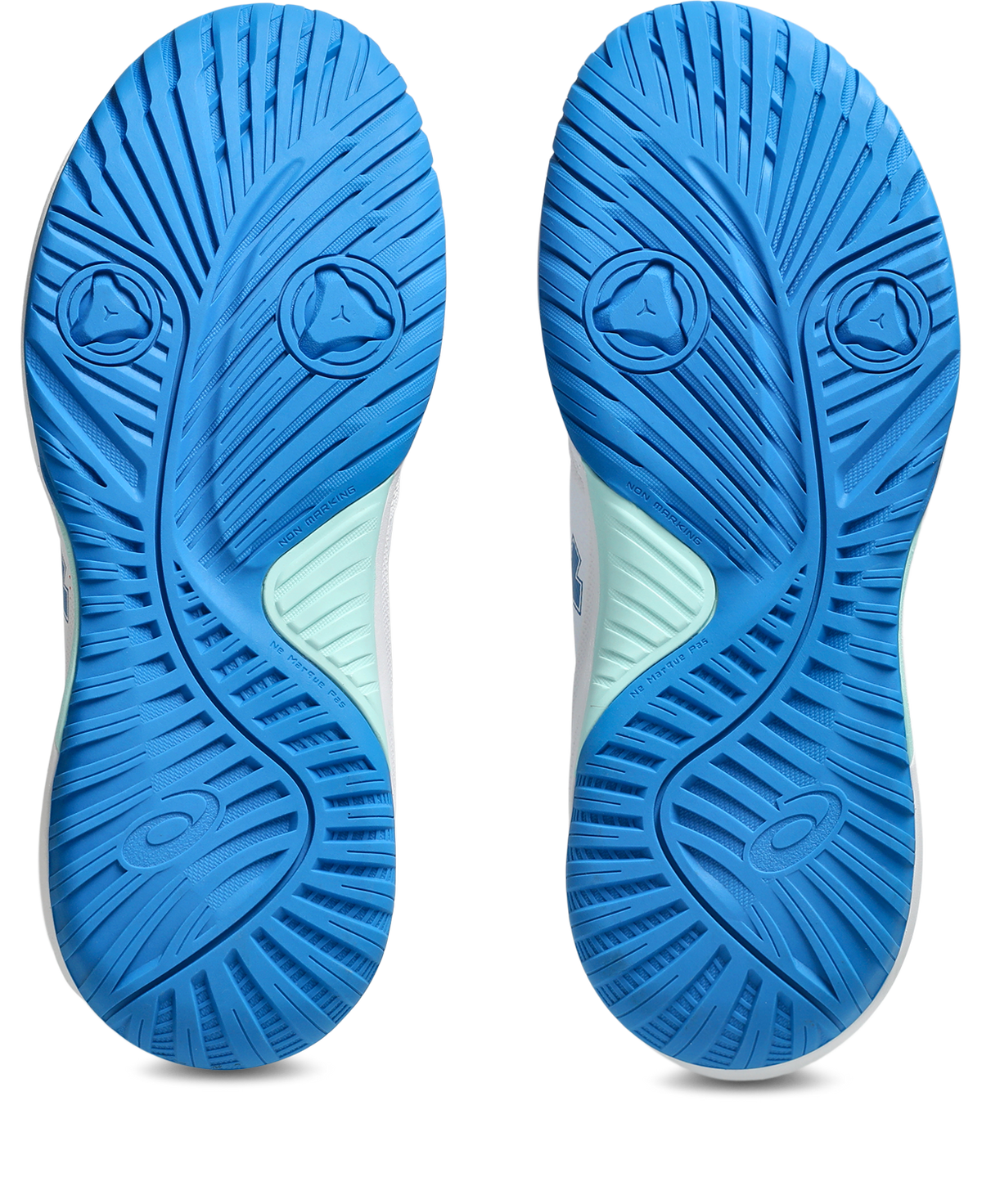 A pair of athletic shoes shown from the bottom, displaying their blue and white textured outsoles on a clean white background.
