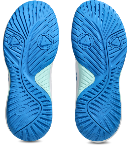 A pair of athletic shoes shown from the bottom, displaying their blue and white textured outsoles on a clean white background.