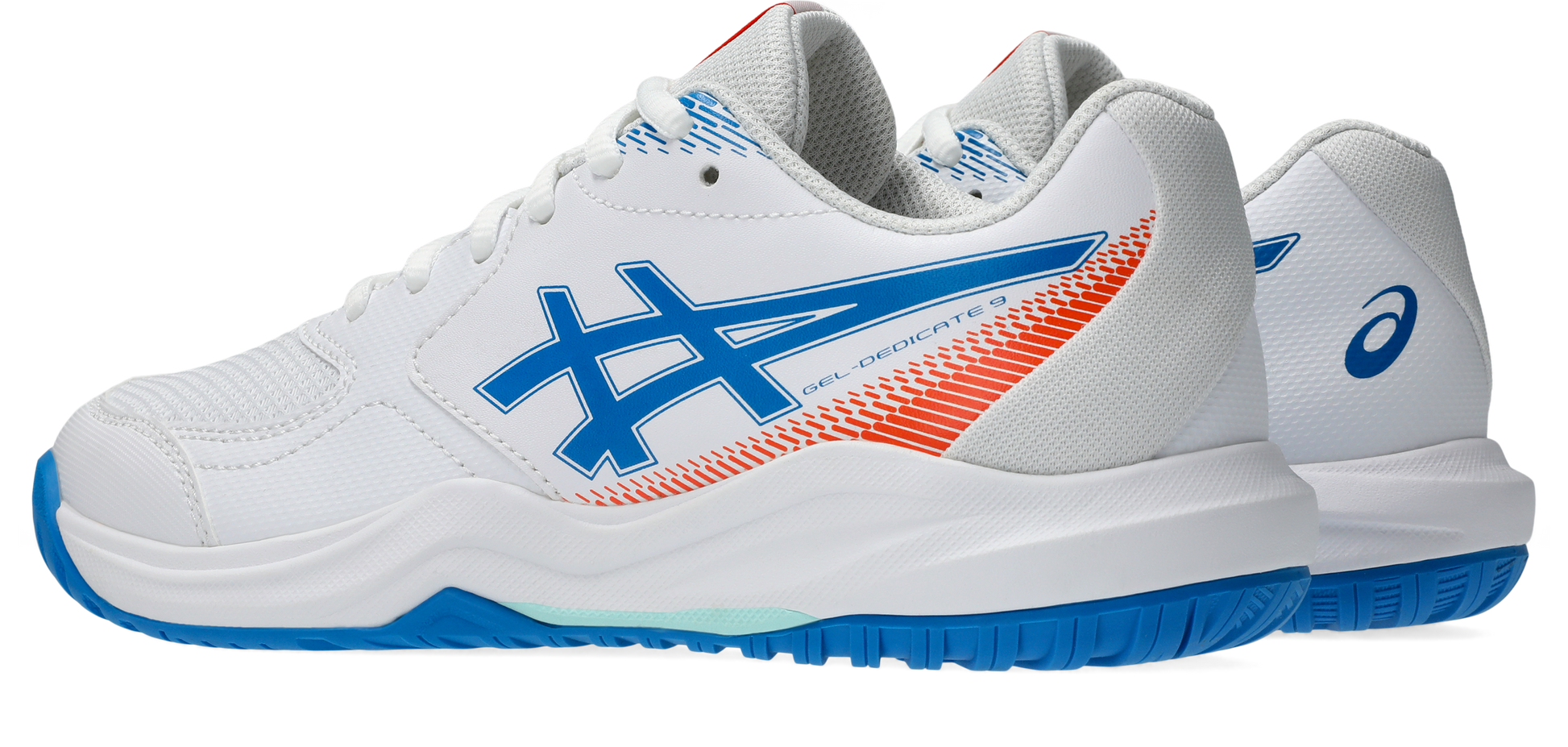 A pair of ASICS court shoes in white, featuring a prominent blue side stripe logo, an orange and blue textured graphic on the heel, and a blue outsole.