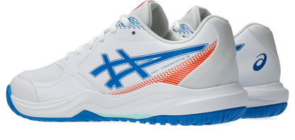 A pair of ASICS court shoes in white, featuring a prominent blue side stripe logo, an orange and blue textured graphic on the heel, and a blue outsole.