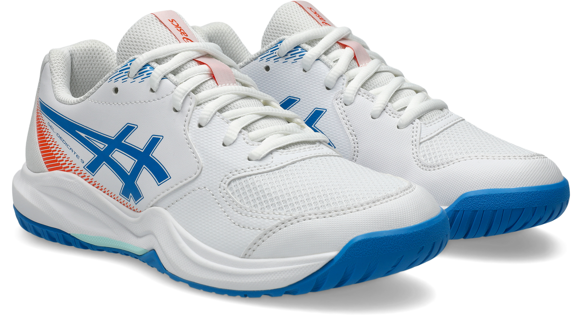 A pair of ASICS athletic court shoes in white, featuring a blue and orange side logo, white laces, and a blue outsole, shown against a clean white background.