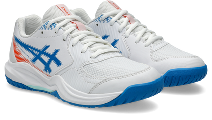 A pair of ASICS athletic court shoes in white, featuring a blue and orange side logo, white laces, and a blue outsole, shown against a clean white background.
