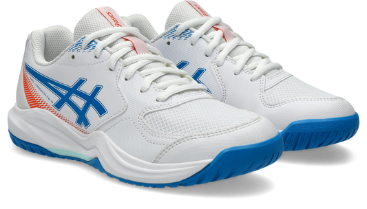 A pair of ASICS athletic court shoes in white, featuring a blue and orange side logo, white laces, and a blue outsole, shown against a clean white background.