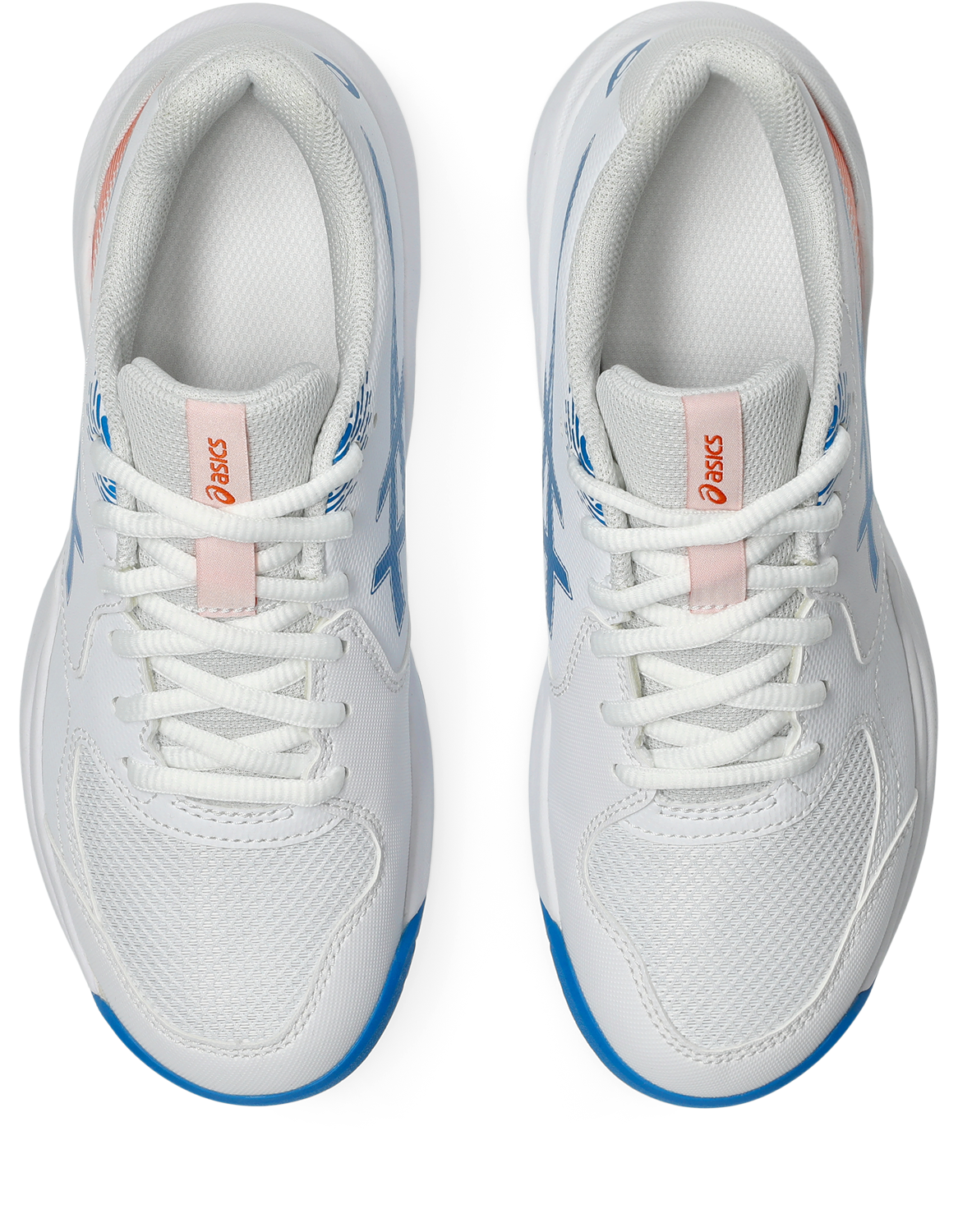 A pair of ASICS sneakers shown from a top-down view on a white background. The shoes are primarily white with light blue accents on the sides and soles, a light pink tongue label, and a red ASICS logo on the tongue.