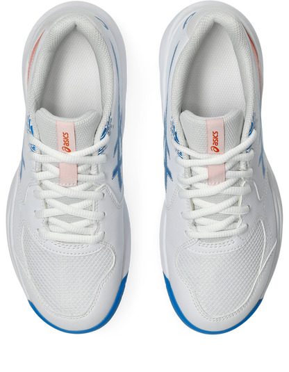 A pair of ASICS sneakers shown from a top-down view on a white background. The shoes are primarily white with light blue accents on the sides and soles, a light pink tongue label, and a red ASICS logo on the tongue.