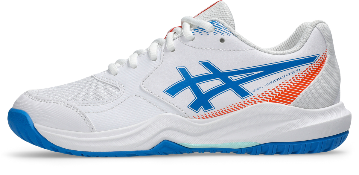 A white ASICS athletic shoe with a blue and orange logo design, featuring a white mesh upper, white laces, and a blue and white sole.