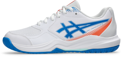A white ASICS athletic shoe with a blue and orange logo design, featuring a white mesh upper, white laces, and a blue and white sole.