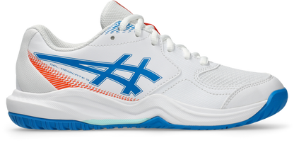 A white athletic shoe with a blue and orange ASICS logo, featuring a white mesh upper, white laces, and a blue outsole.