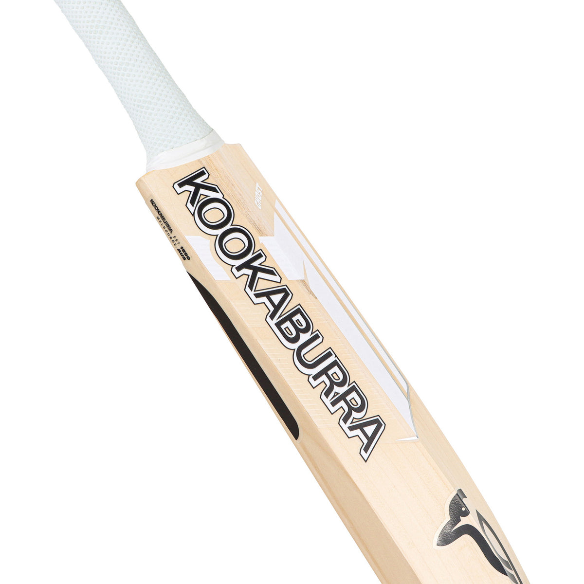 Close-up of a Kookaburra cricket bat on a white background