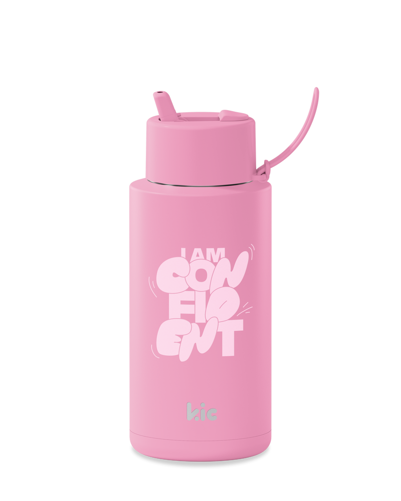 Frank Green 1Litre KIC Ceramic Reusable Bottle Flamingo (Confident) with Flip Straw Lid