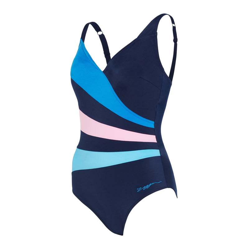 Zoggs Womens Wrap Panel Classicback One Piece - Navy/Blue/Pink