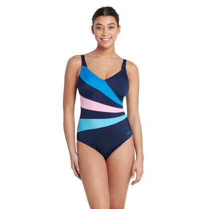 Zoggs Womens Wrap Panel Classicback One Piece - Navy/Blue/Pink