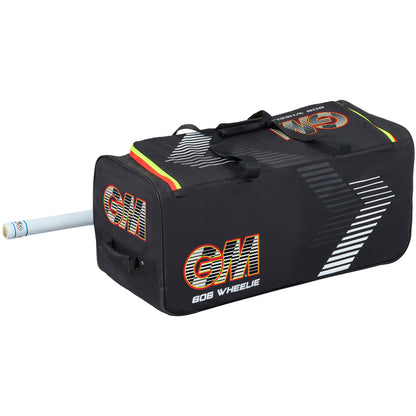 Gunn & Moore Rival 606 Wheelie Cricket Bag in black with red logo and bat in side sleeve.