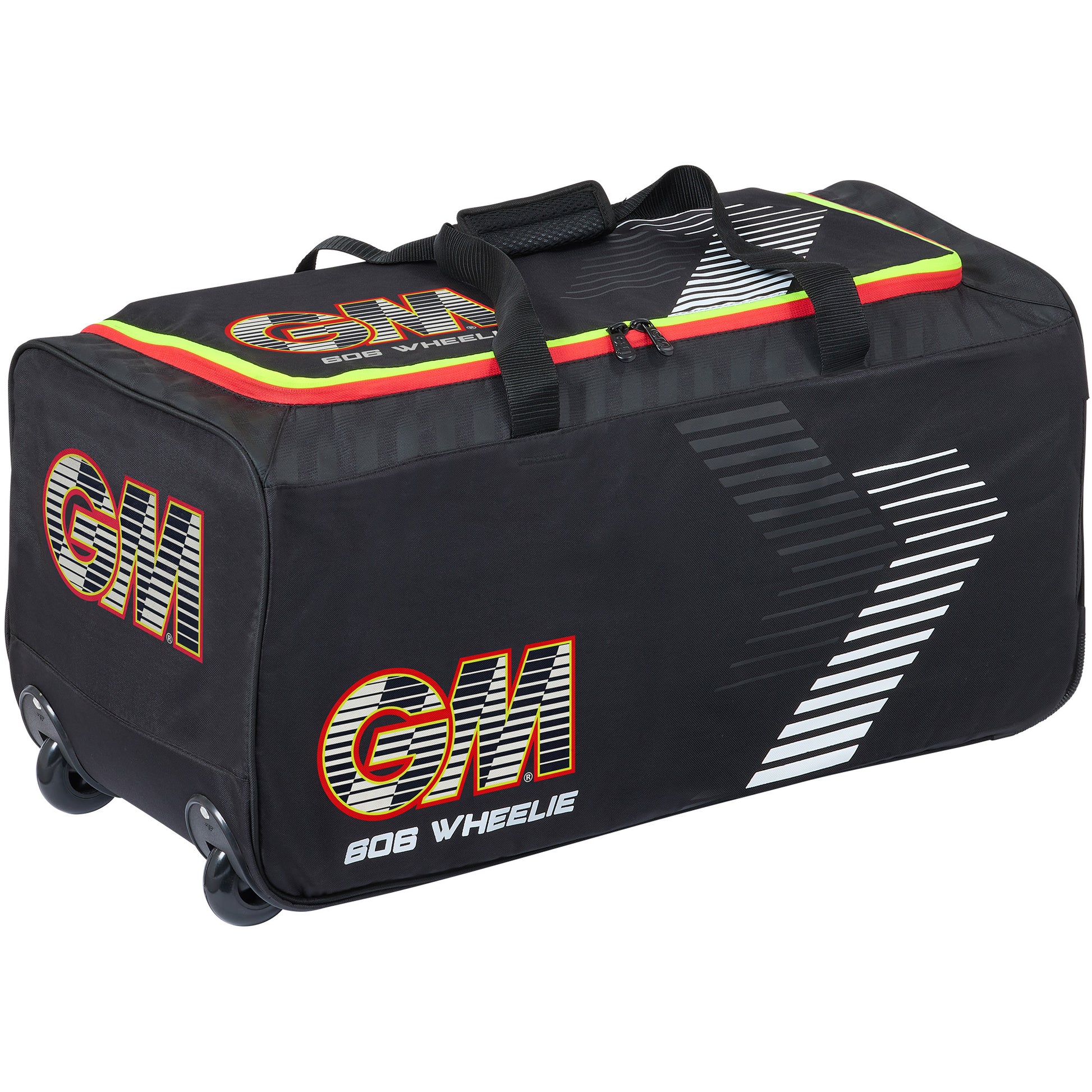 Gunn & Moore Rival 606 Wheelie Cricket Bag in black with red GM logos and white stripe graphics.