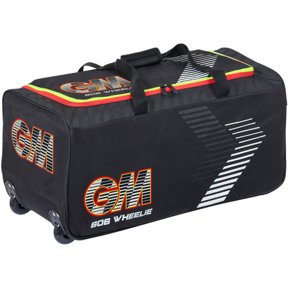 Gunn & Moore Rival 606 Wheelie Cricket Bag in black with red GM logos and white stripe graphics.