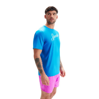 Speedo Mens Printed Ss Swim Tee - Baja Blue/White